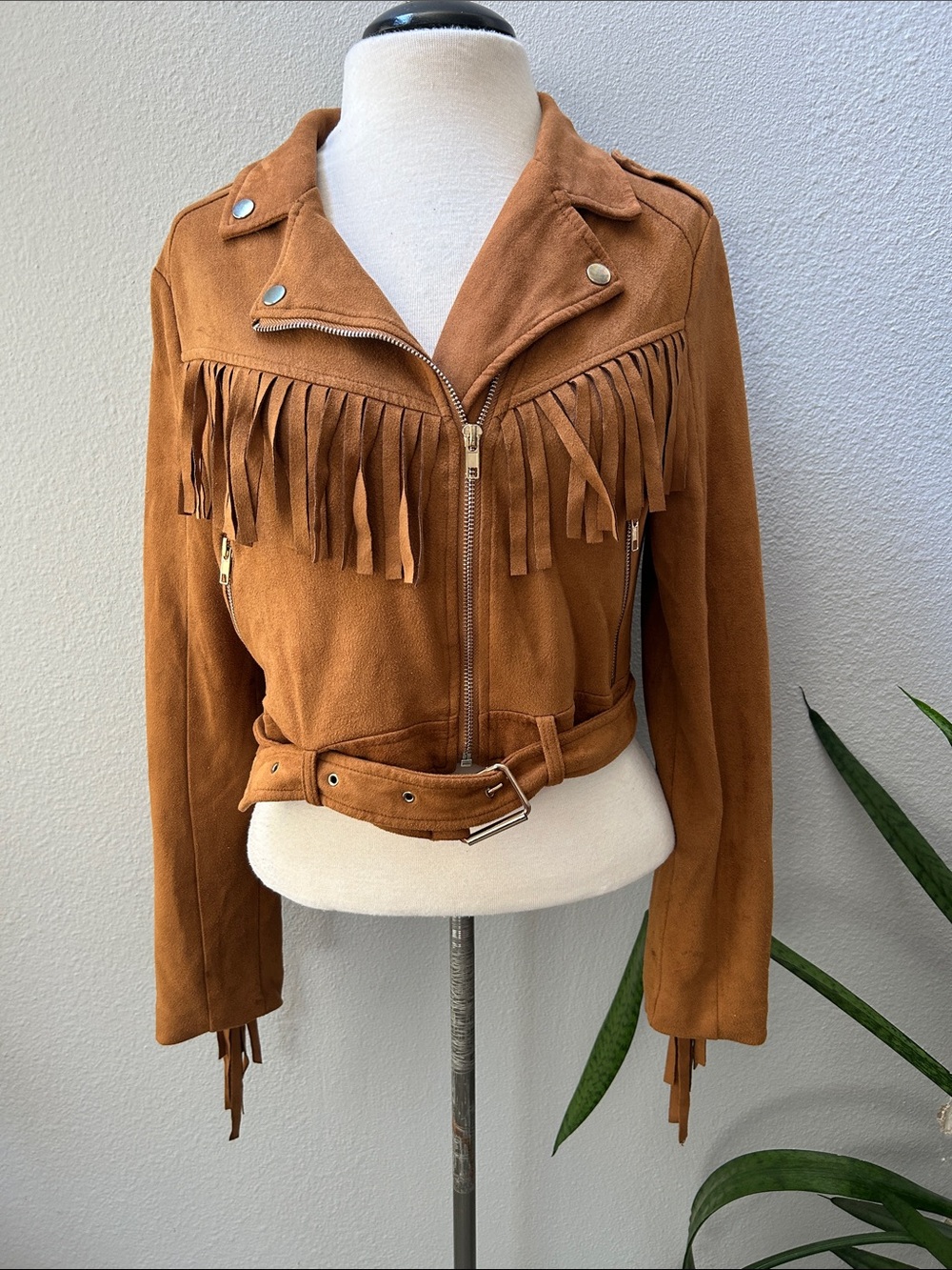 Missguided Camel Faux Suede Fringe Moto Jacket 6